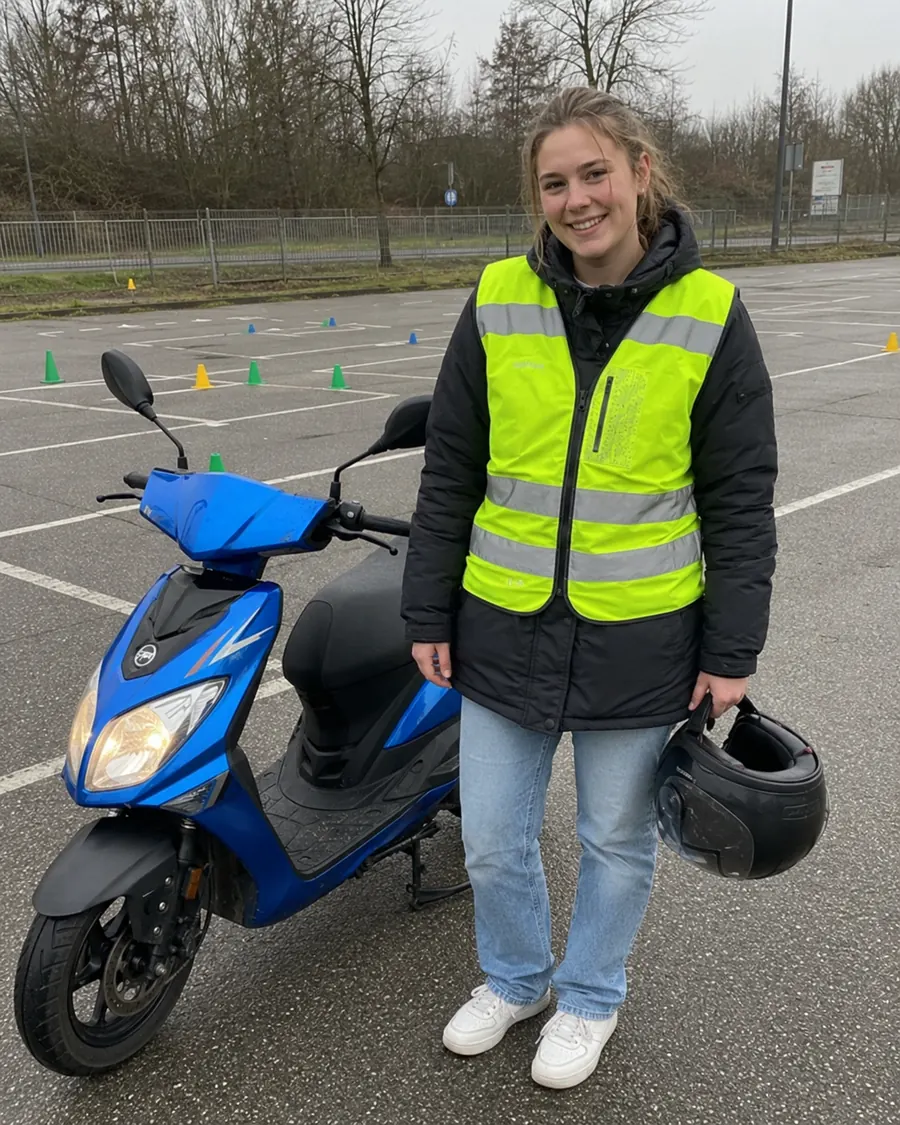 Twee leerlingen rijden op lesscooters over het oefenterrein