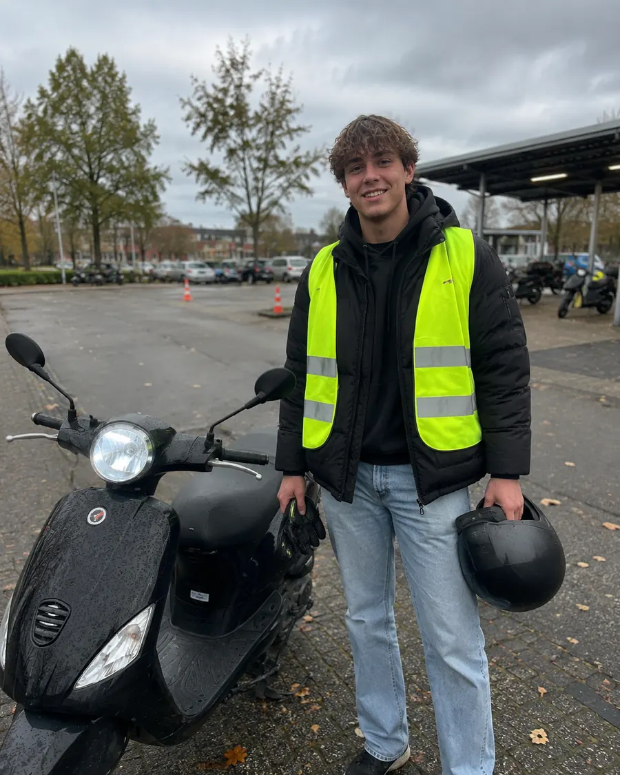 Twee leerlingen bij hun scooter in een woonstraat