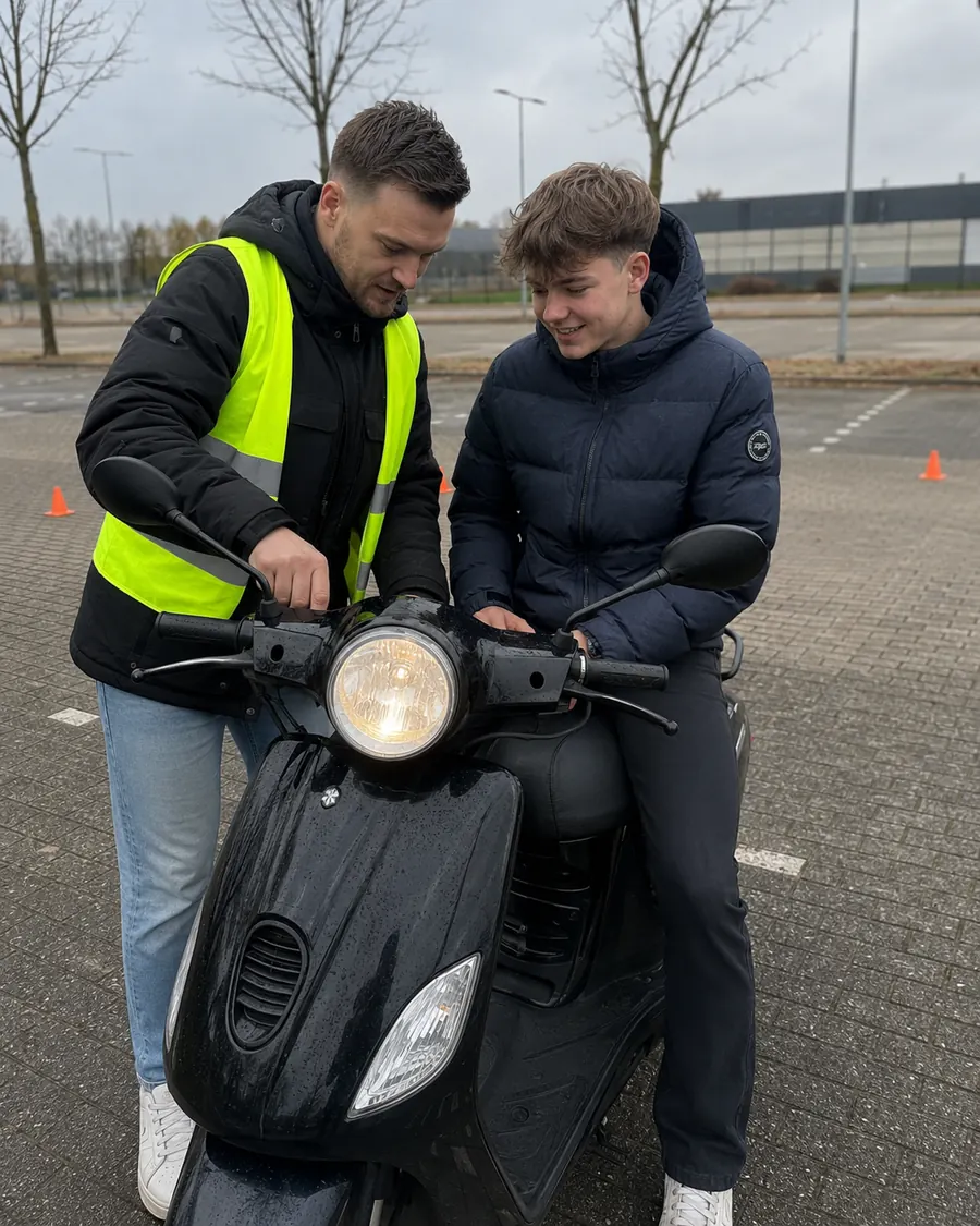 Instructeur legt de bediening uit aan een leerling op de scooter